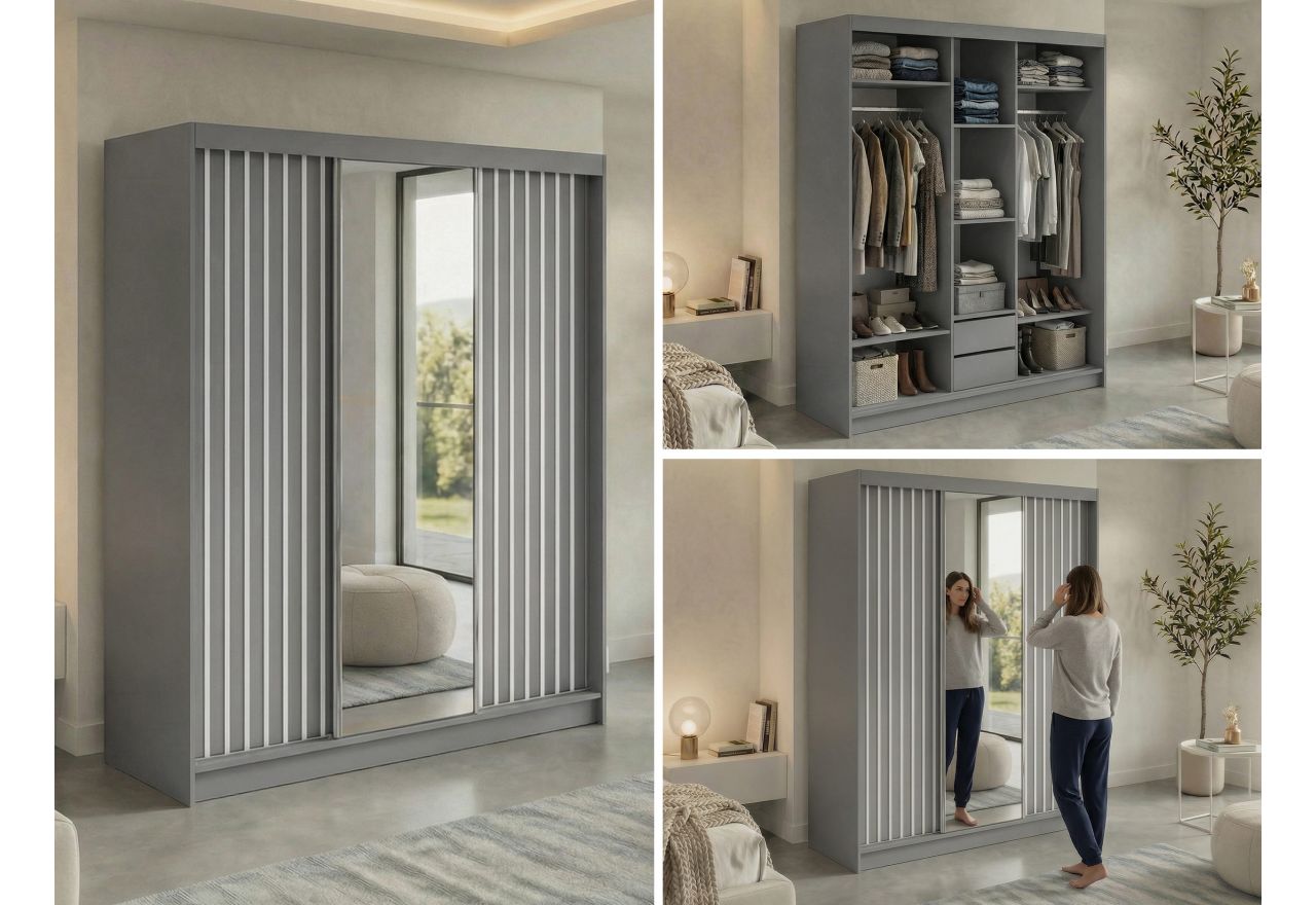 Szafa przesuwna LAOS 180 cm - szary, lamele białe, lustro + 2 szuflady