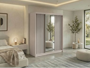 Szafa przesuwna LAOS 180 - kaszmir, lamele czarne, lustro + 2 szuflady