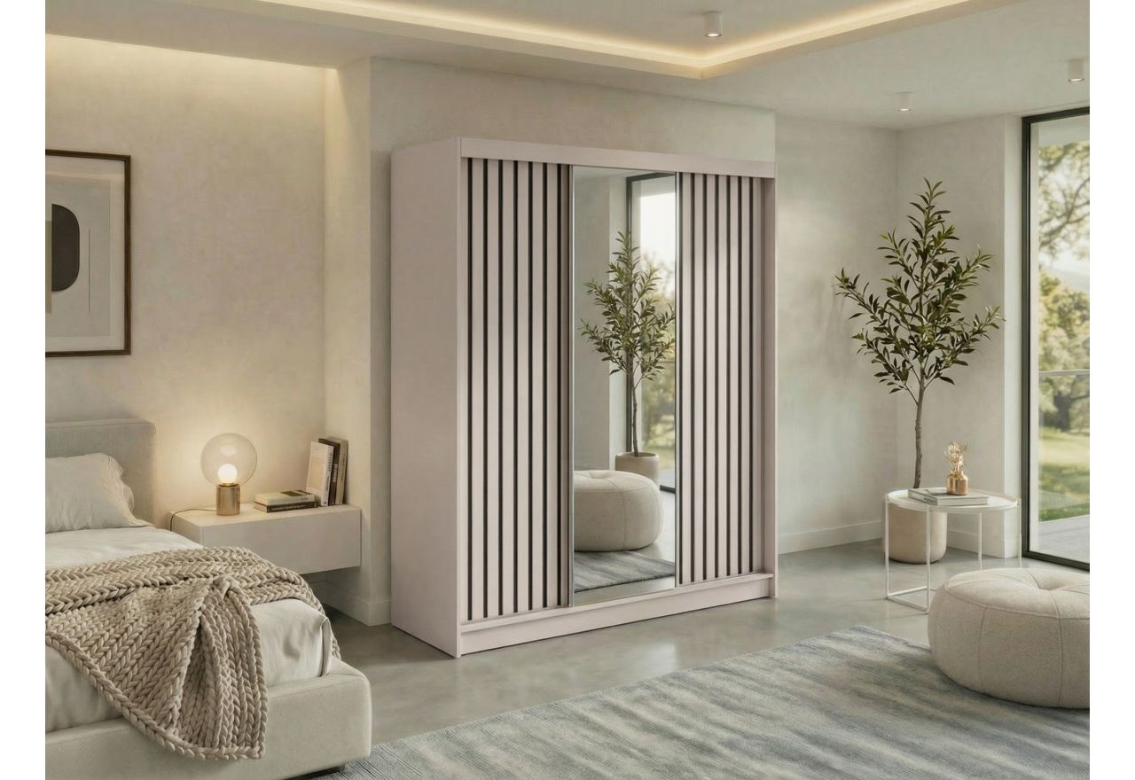 Szafa przesuwna LAOS 180 cm - kaszmir, lamele czarne, lustro + 2 szuflady