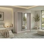 Szafa przesuwna LAOS 180 cm - kaszmir, lamele czarne, lustro + 2 szuflady