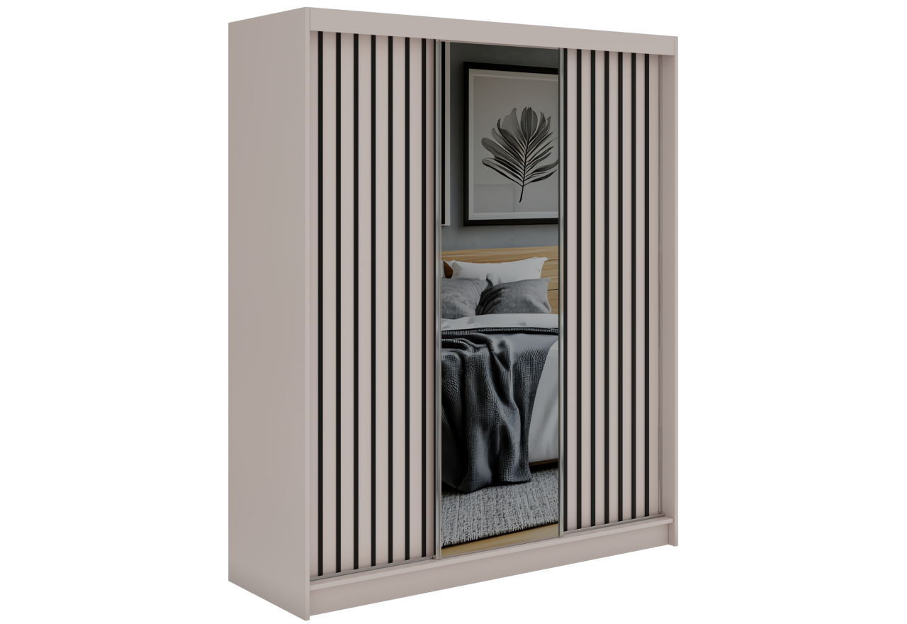 Szafa przesuwna LAOS 180 cm - kaszmir, lamele czarne, lustro + 2 szuflady