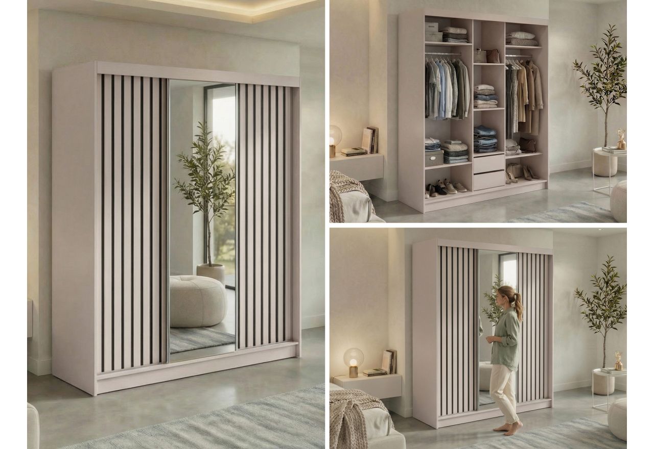 Szafa przesuwna LAOS 180 cm - kaszmir, lamele czarne, lustro + 2 szuflady