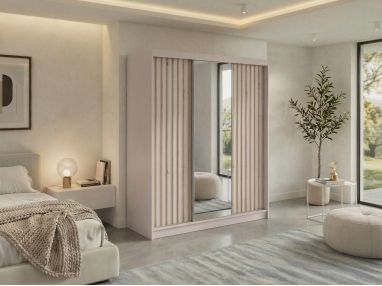 Szafa przesuwna LAOS 180 - kaszmir, lamele dąb aristan, lustro + 2 szuflady