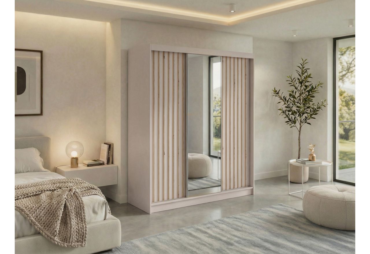 Szafa przesuwna LAOS 180 cm - kaszmir, lamele dąb aristan, lustro + 2 szuflady