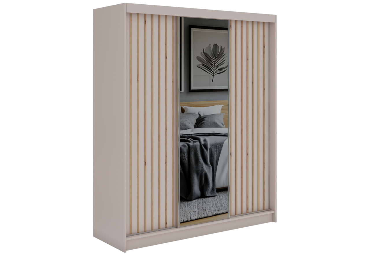 Szafa przesuwna LAOS 180 cm - kaszmir, lamele dąb aristan, lustro + 2 szuflady