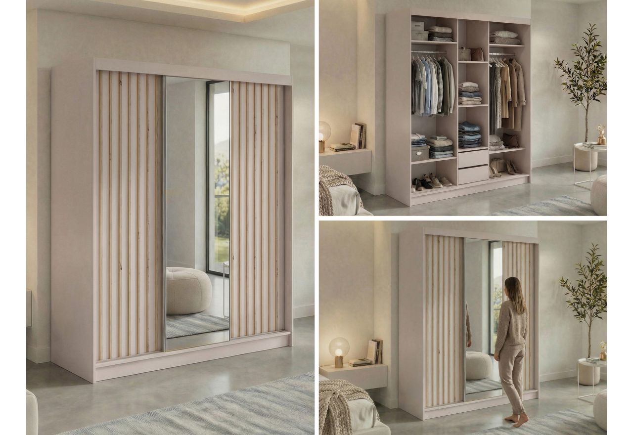 Szafa przesuwna LAOS 180 cm - kaszmir, lamele dąb aristan, lustro + 2 szuflady