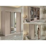 Szafa przesuwna LAOS 180 cm - kaszmir, lamele dąb aristan, lustro + 2 szuflady