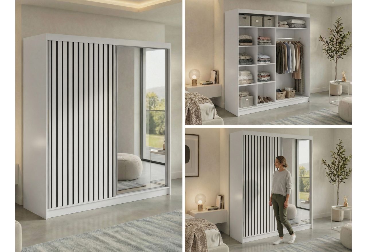 Szafa przesuwna LAOS 200 - biały, lamele czarne, lustro