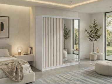 Szafa przesuwna LAOS 200 - biały, lamele dąb aristan, lustro