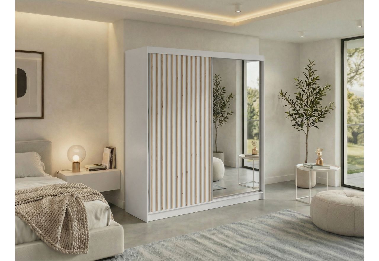 Szafa przesuwna LAOS 200 - biały, lamele dąb aristan, lustro