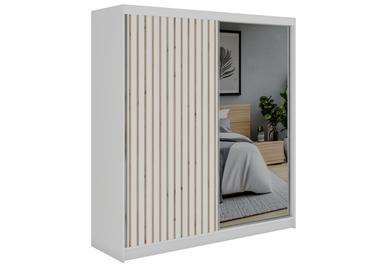 Szafa przesuwna LAOS 200 - biały, lamele dąb aristan, lustro