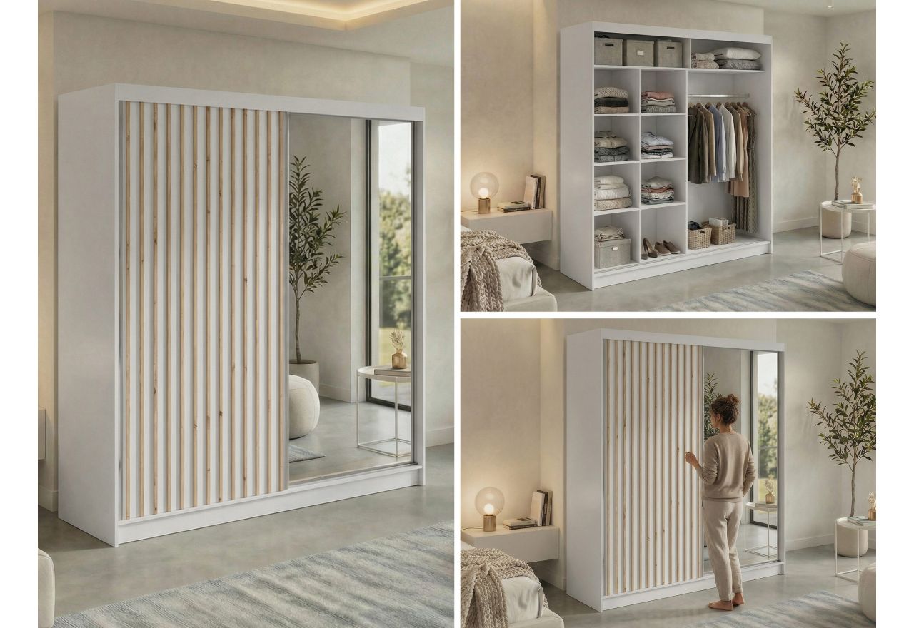 Szafa przesuwna LAOS 200 - biały, lamele dąb aristan, lustro