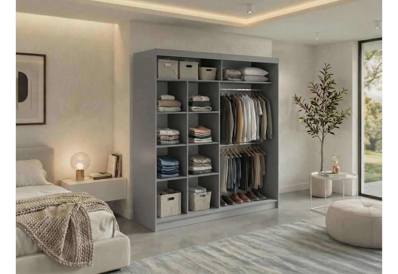 Szafa przesuwna LAOS 200 - szary, lamele białe, lustro