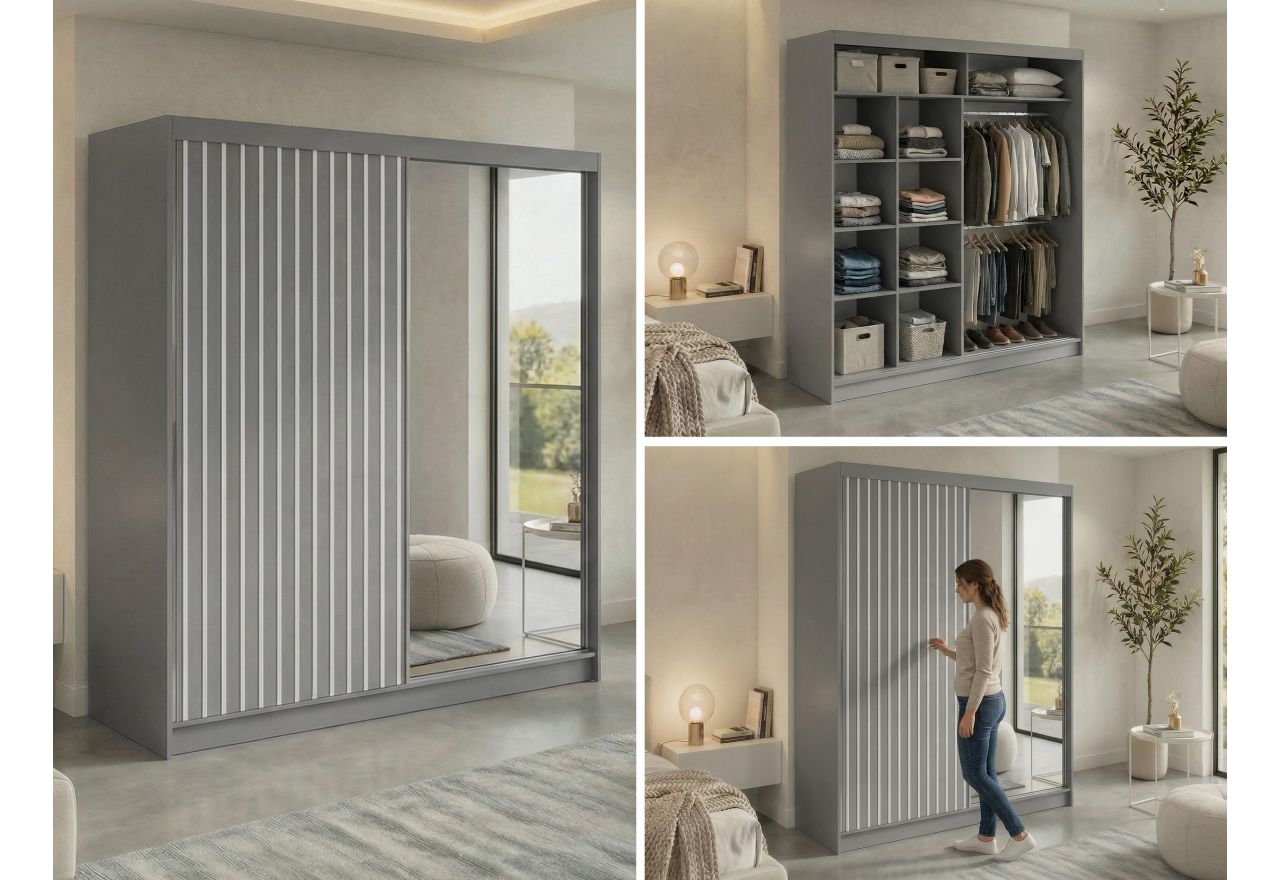 Szafa przesuwna LAOS 200 - szary, lamele białe, lustro