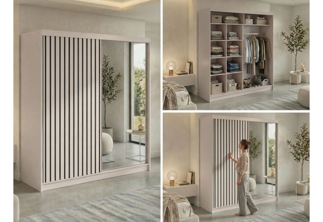 Szafa przesuwna LAOS 200 - kaszmir, lamele czarne, lustro