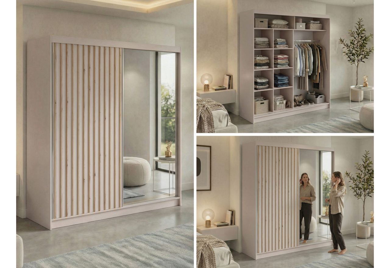 Szafa przesuwna LAOS 200 - kaszmir, lamele dąb aristan, lustro