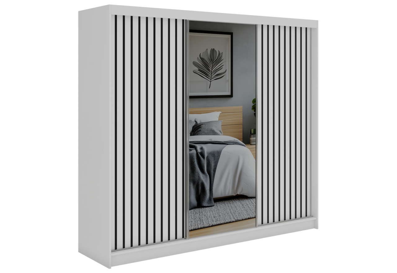 Szafa przesuwna LAOS 240 cm - biały, lamele czarne, lustro