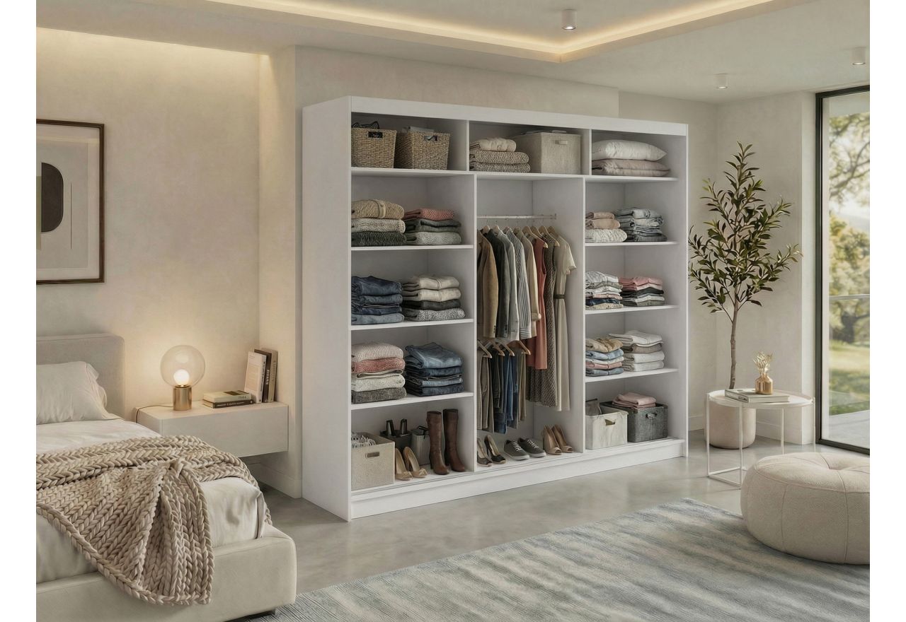 Szafa przesuwna LAOS 240 cm - biały, lamele czarne, lustro