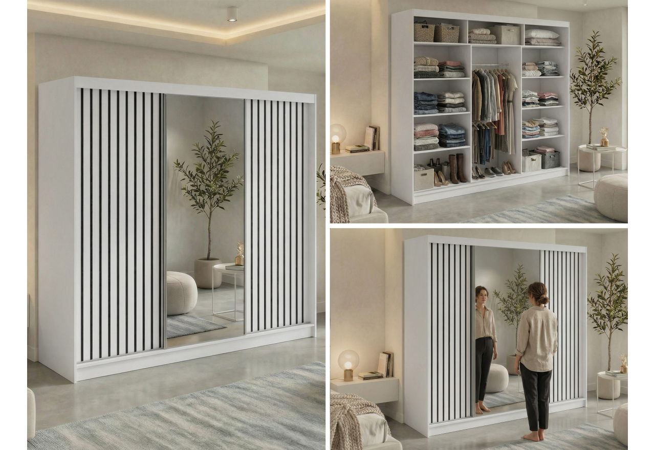 Szafa przesuwna LAOS 240 cm - biały, lamele czarne, lustro