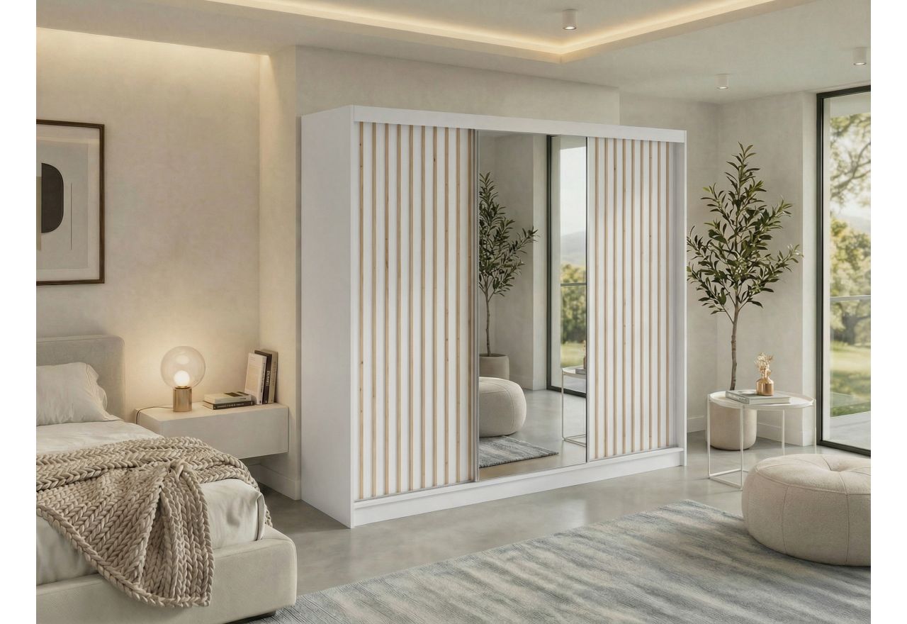 Szafa przesuwna LAOS 240 cm - biały, lamele dąb aristan, lustro