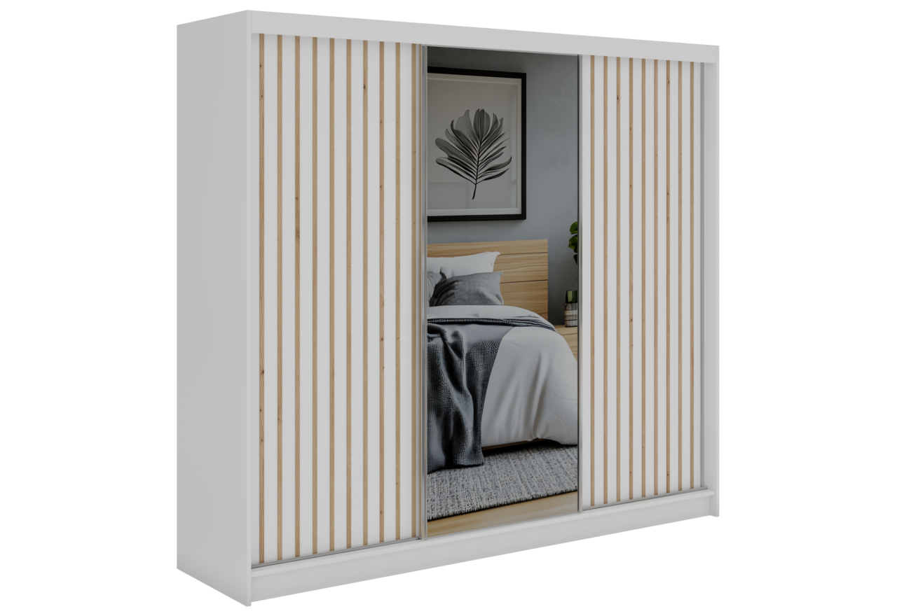 Szafa przesuwna LAOS 240 cm - biały, lamele dąb aristan, lustro