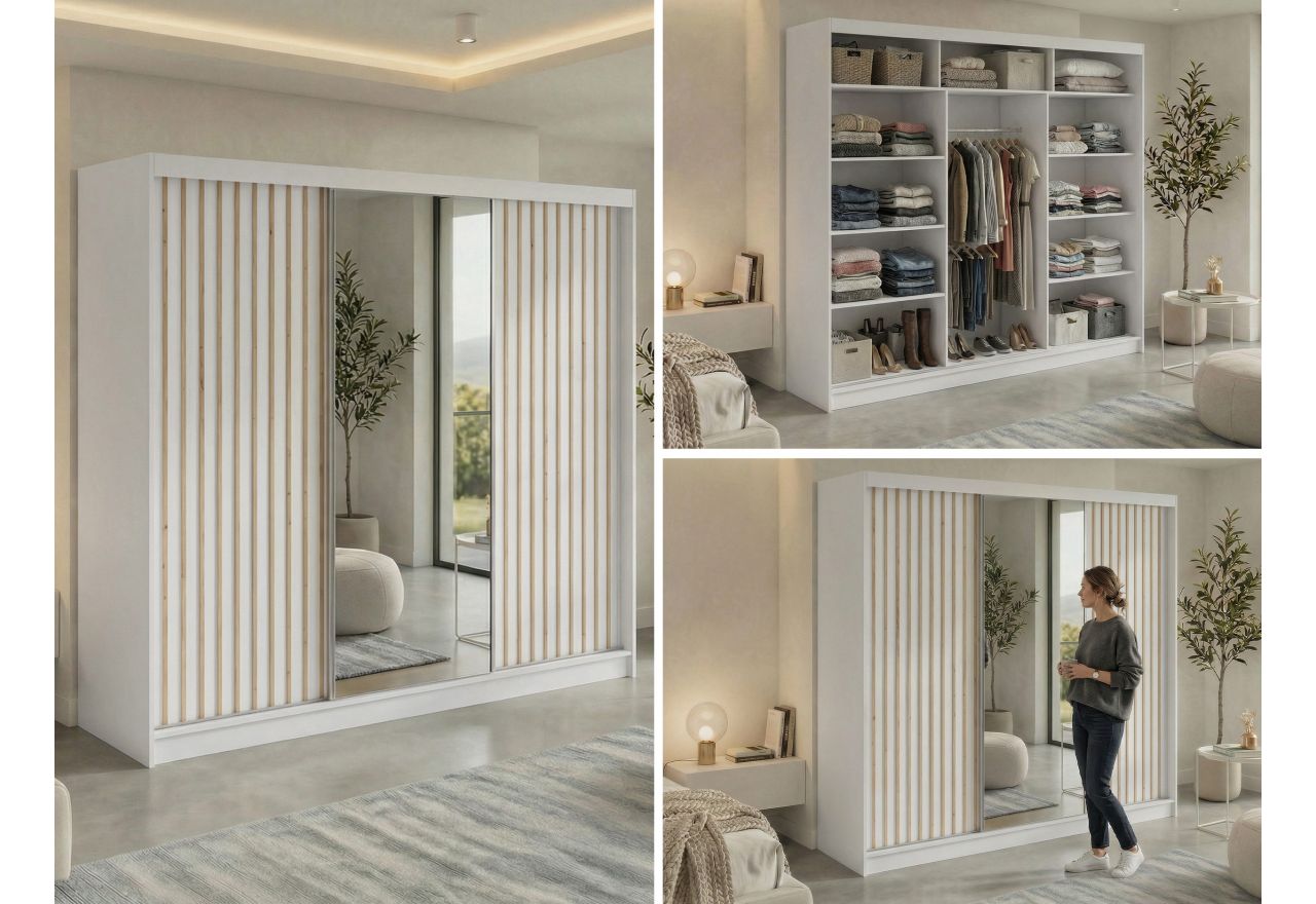 Szafa przesuwna LAOS 240 cm - biały, lamele dąb aristan, lustro