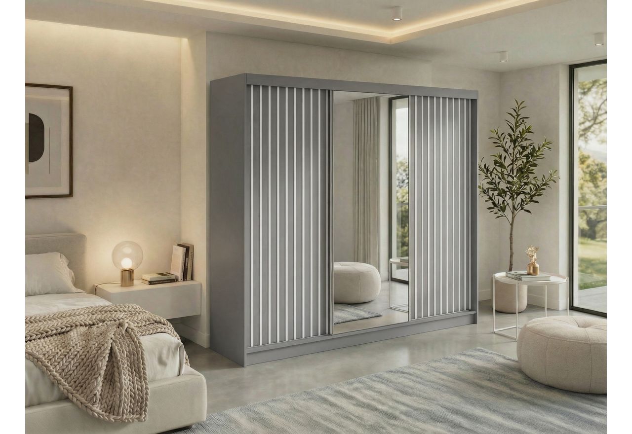 Szafa przesuwna LAOS 240 cm - szary, lamele białe, lustro