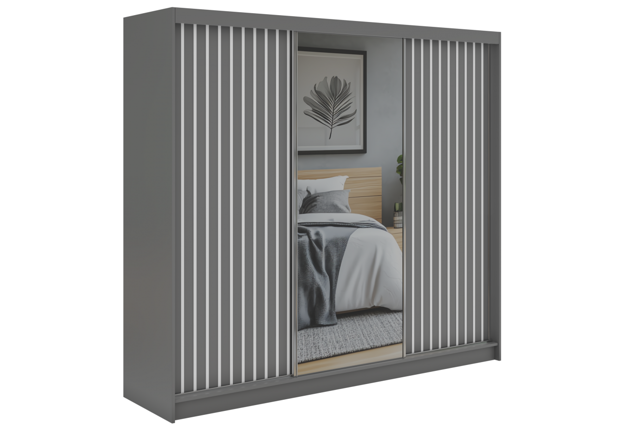 Szafa przesuwna LAOS 240 cm - szary, lamele białe, lustro