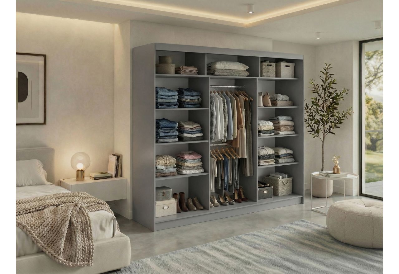 Szafa przesuwna LAOS 240 cm - szary, lamele białe, lustro