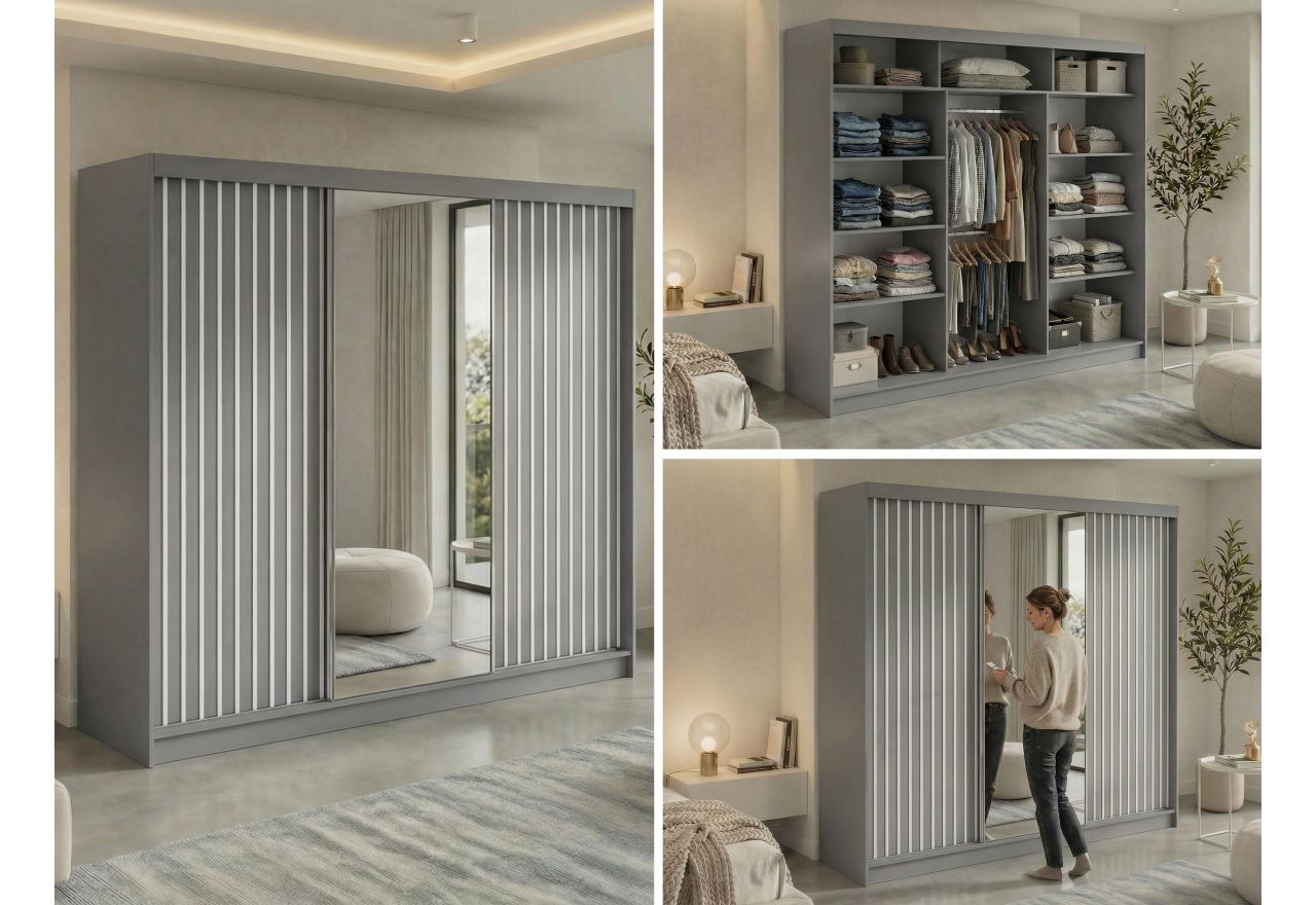 Szafa przesuwna LAOS 240 cm - szary, lamele białe, lustro