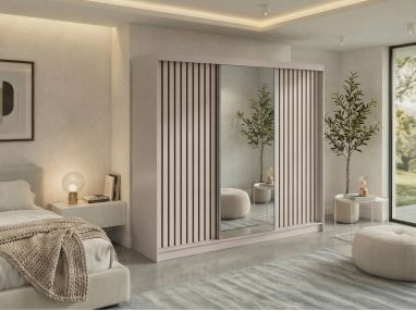 Szafa przesuwna LAOS 240 - kaszmir, lamele czarne, lustro