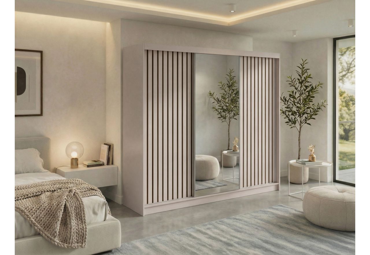 Szafa przesuwna LAOS 240 cm - kaszmir, lamele czarne, lustro