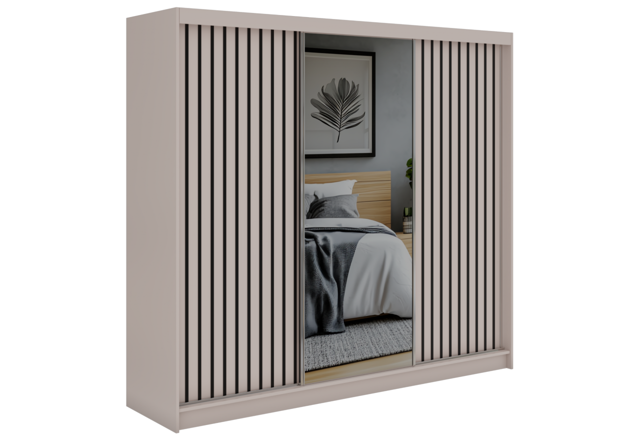 Szafa przesuwna LAOS 240 cm - kaszmir, lamele czarne, lustro