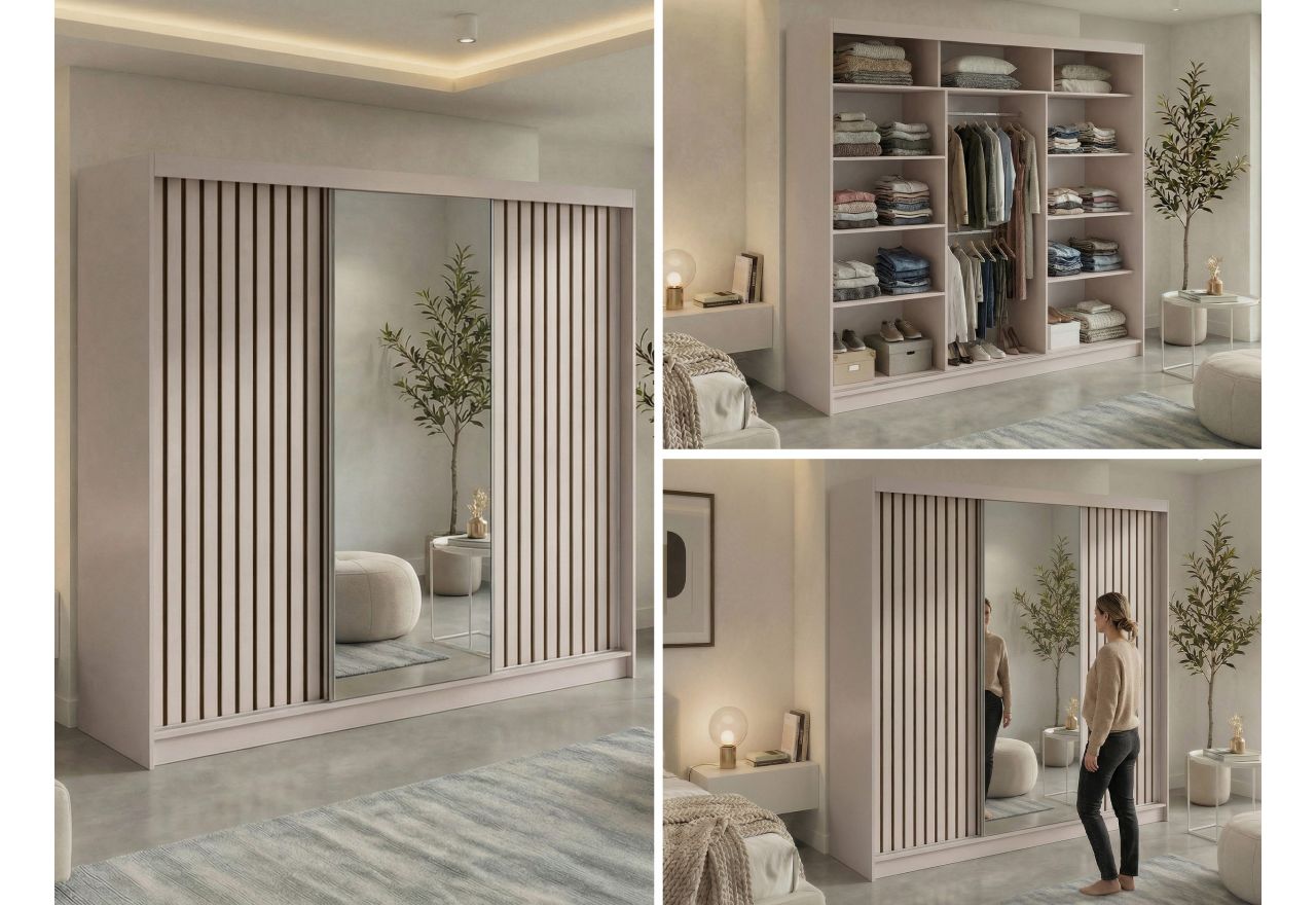 Szafa przesuwna LAOS 240 cm - kaszmir, lamele czarne, lustro