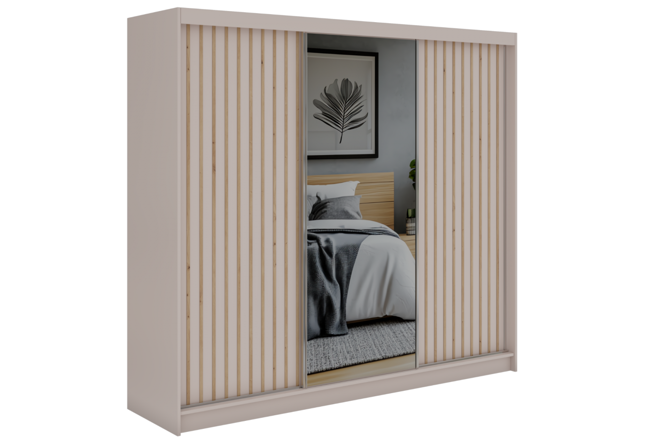 Szafa przesuwna LAOS 240 cm - kaszmir, lamele dąb aristan, lustro