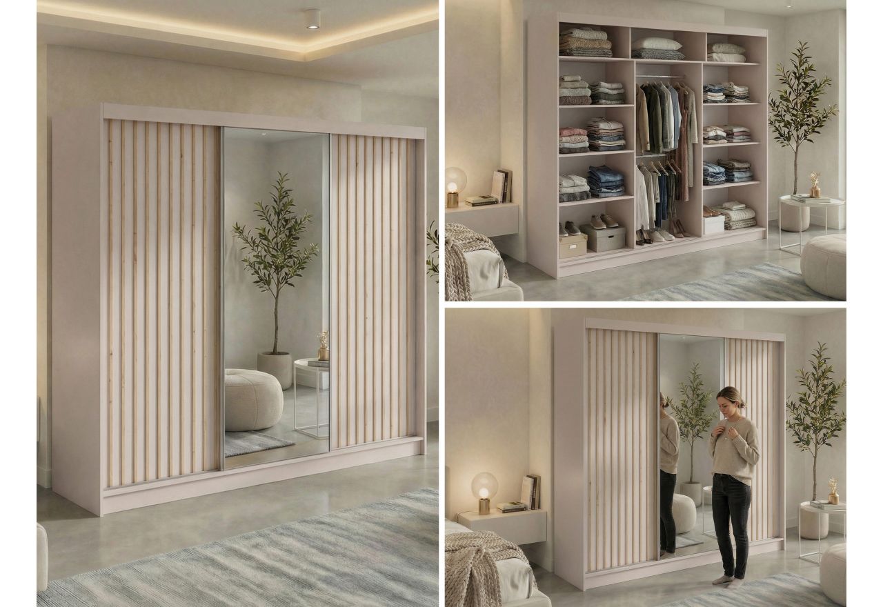 Szafa przesuwna LAOS 240 cm - kaszmir, lamele dąb aristan, lustro