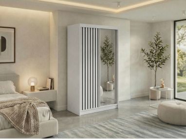 Szafa przesuwna LAOS 120 - biały, lamele czarne, lustro + 2 szuflady