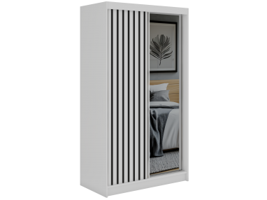 Szafa przesuwna LAOS 120 - biały, lamele czarne, lustro + 2 szuflady