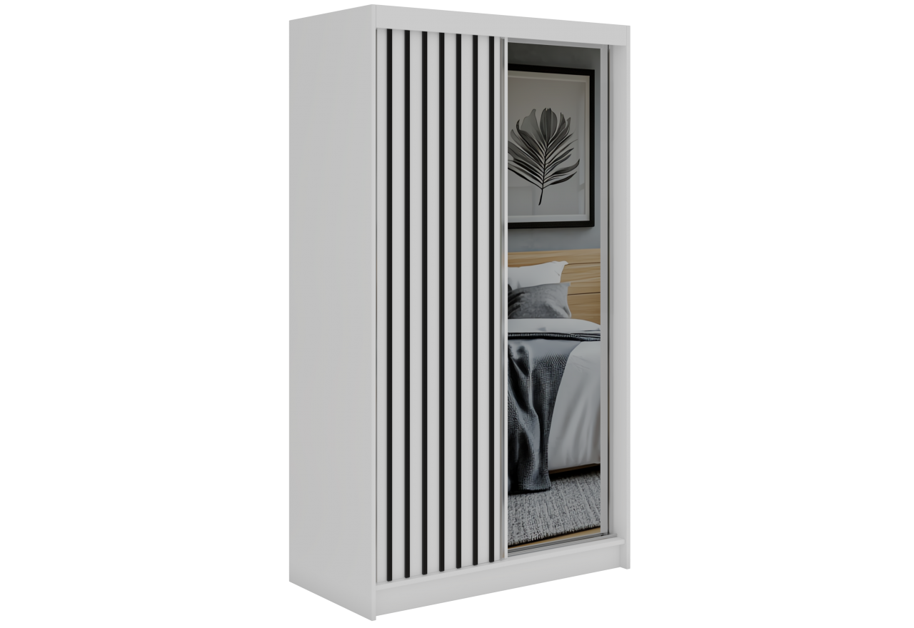 Szafa przesuwna LAOS 120 cm - biały, lamele czarne, lustro + 2 szuflady