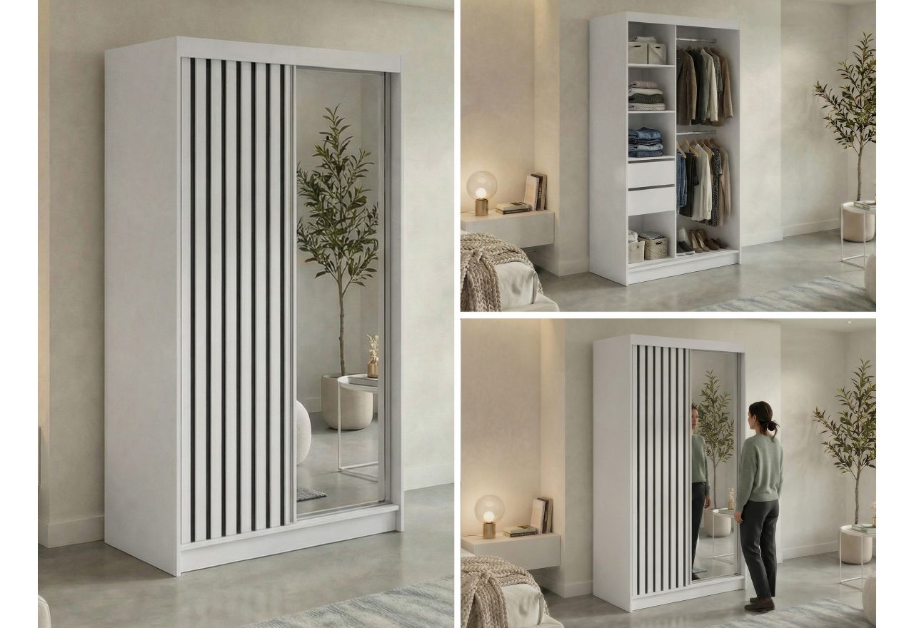 Szafa przesuwna LAOS 120 cm - biały, lamele czarne, lustro + 2 szuflady