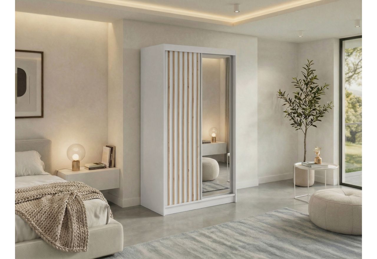 Szafa przesuwna LAOS 120 cm - biały, lamele dąb aristan, lustro + 2 szuflady