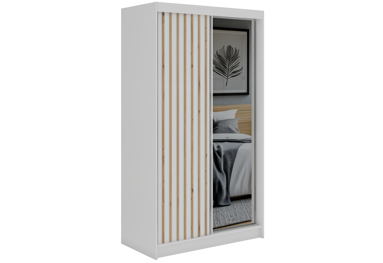 Szafa przesuwna LAOS 120 cm - biały, lamele dąb aristan, lustro + 2 szuflady