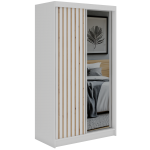 Szafa przesuwna LAOS 120 cm - biały, lamele dąb aristan, lustro + 2 szuflady