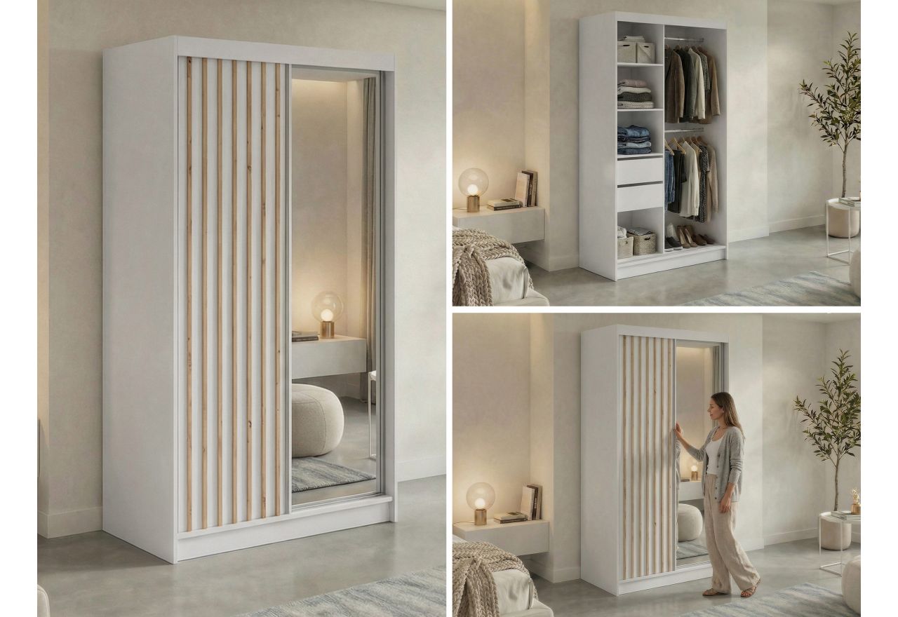 Szafa przesuwna LAOS 120 cm - biały, lamele dąb aristan, lustro + 2 szuflady
