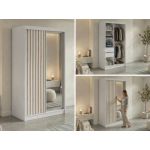 Szafa przesuwna LAOS 120 cm - biały, lamele dąb aristan, lustro + 2 szuflady