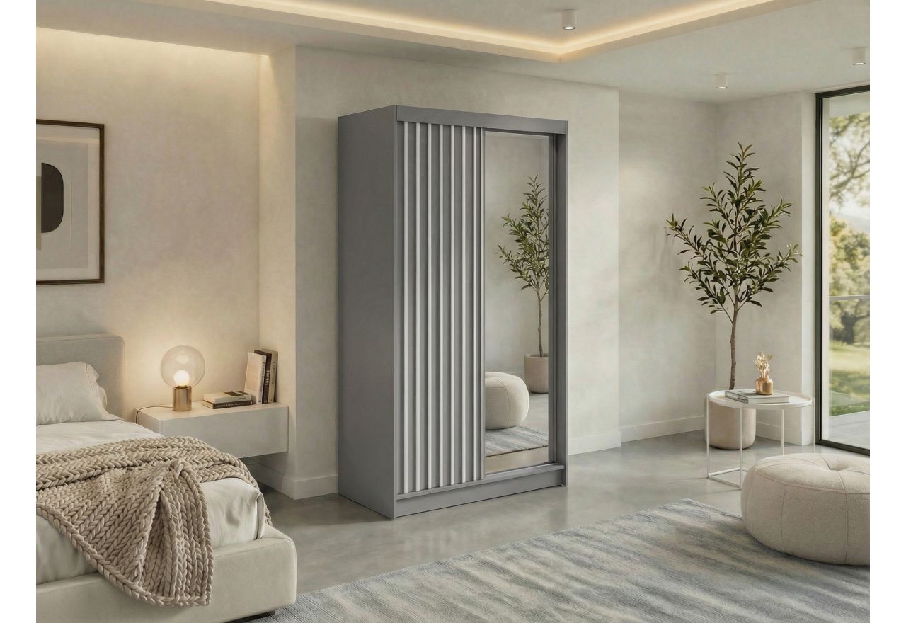 Szafa przesuwna LAOS 120 cm - szary, lamele białe, lustro + 2 szuflady