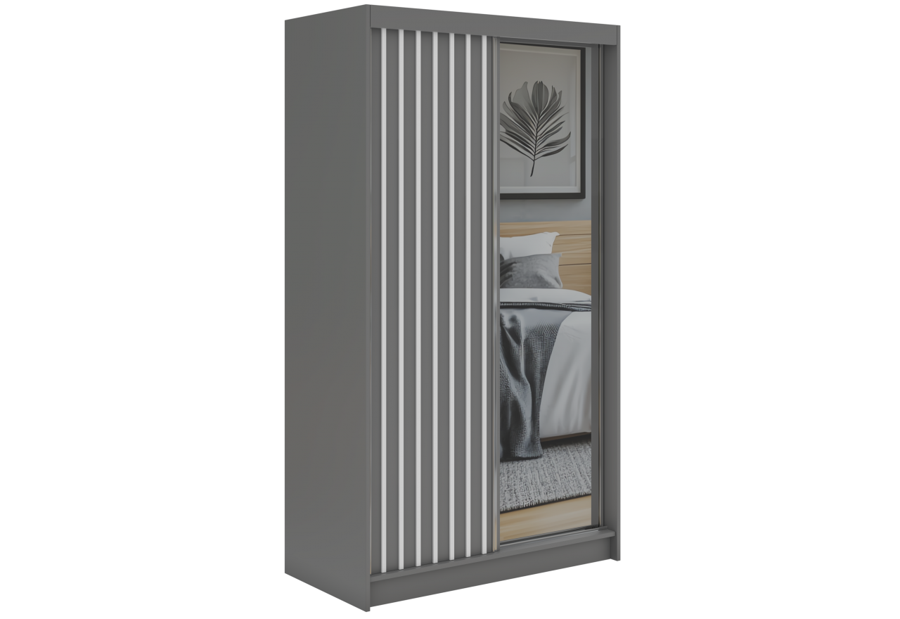 Szafa przesuwna LAOS 120 cm - szary, lamele białe, lustro + 2 szuflady