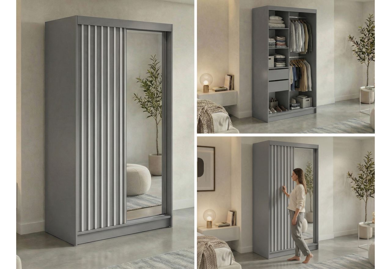 Szafa przesuwna LAOS 120 cm - szary, lamele białe, lustro + 2 szuflady