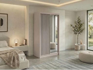 Szafa przesuwna LAOS 120 - kaszmir, lamele czarne, lustro + 2 szuflady