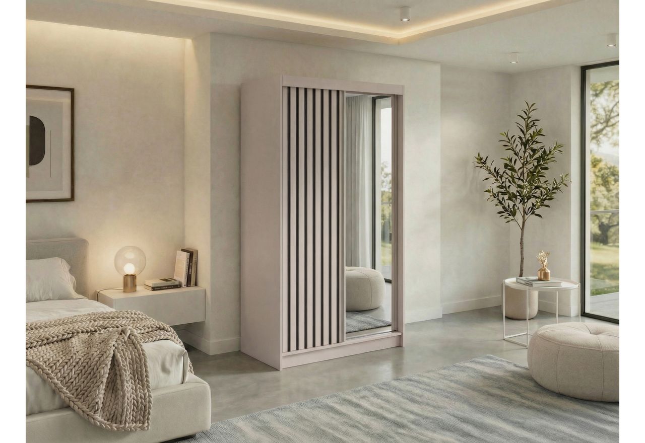 Szafa przesuwna LAOS 120 cm - kaszmir, lamele czarne, lustro + 2 szuflady